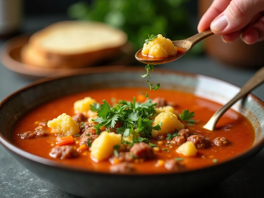 Hamburger cauliflower soup garnished with fresh parsley