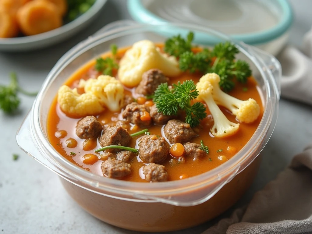 Hamburger cauliflower soup portioned for storage and reheating