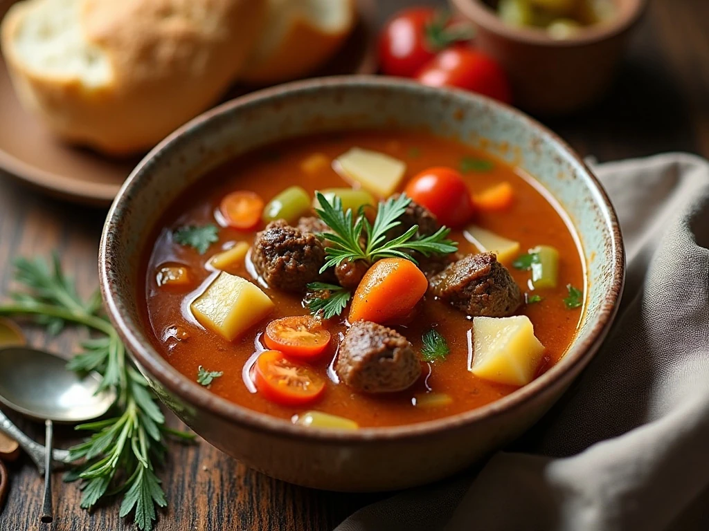 Hearty homemade hamburger soup served for a cozy dinner