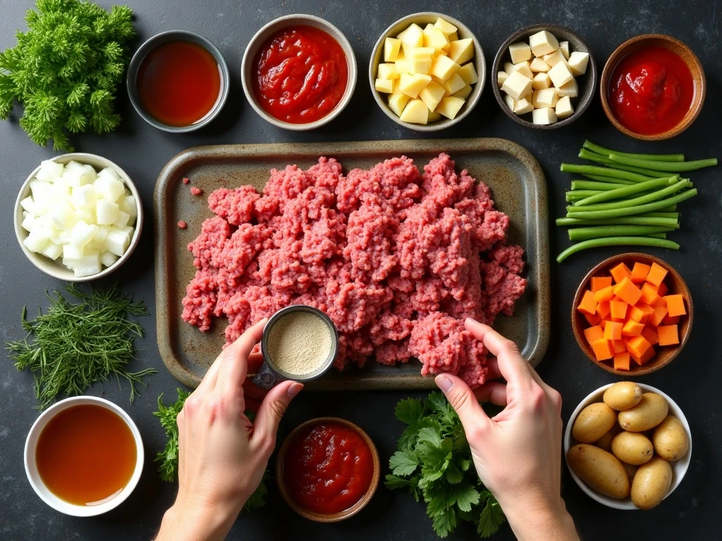 Ingredients for homemade hamburger soup arranged on a kitchen counter