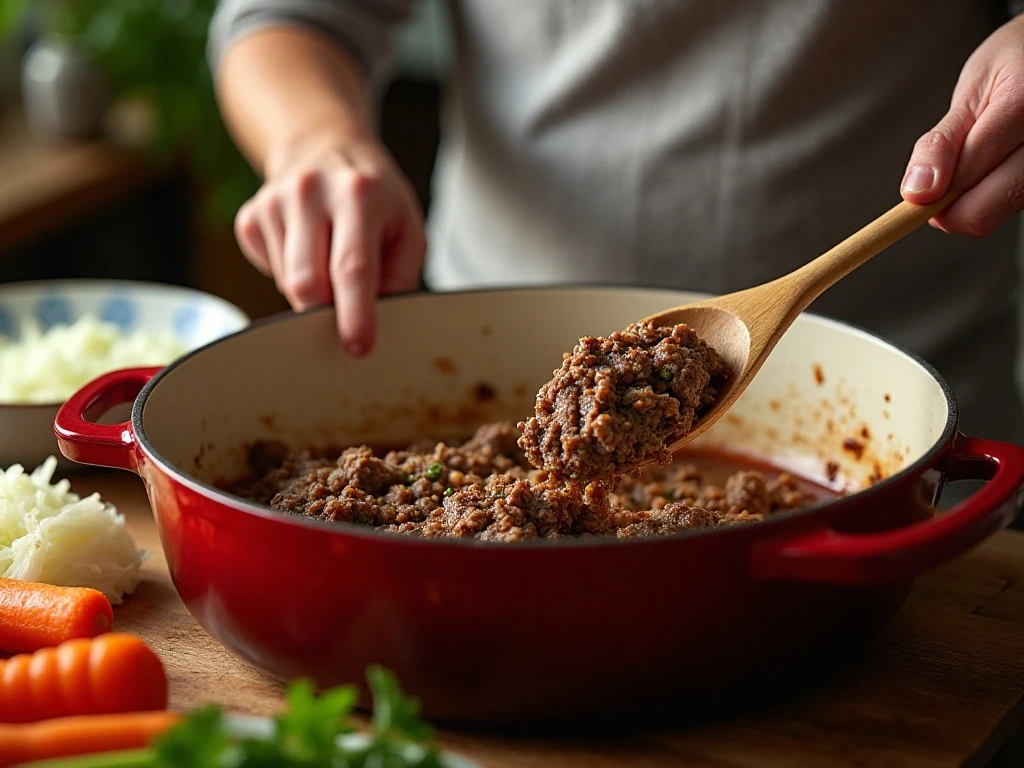 Ground beef and vegetables cooking in a Dutch oven for hamburger soup