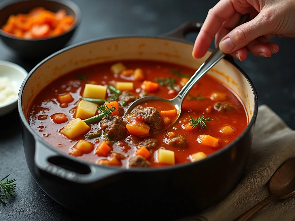 Hamburger soup simmering with tender vegetables in a Dutch oven