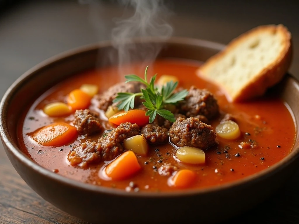 Close-up of reheated hamburger soup with vegetables and crusty bread