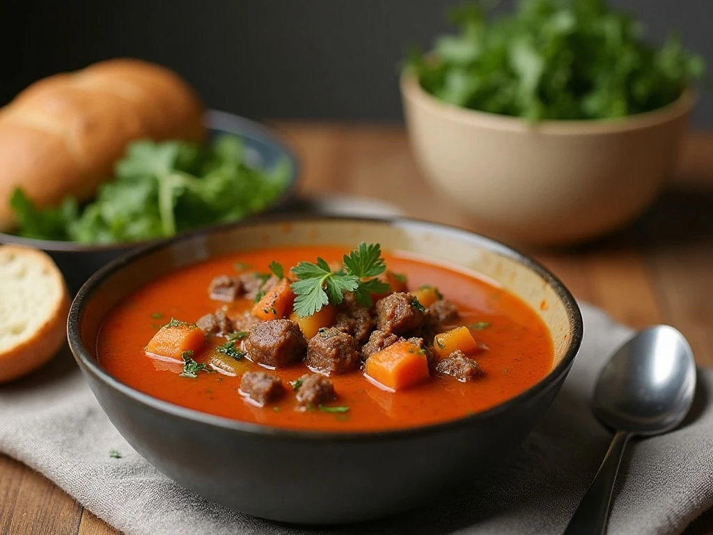 Hamburger soup served with bread and salad for dinner