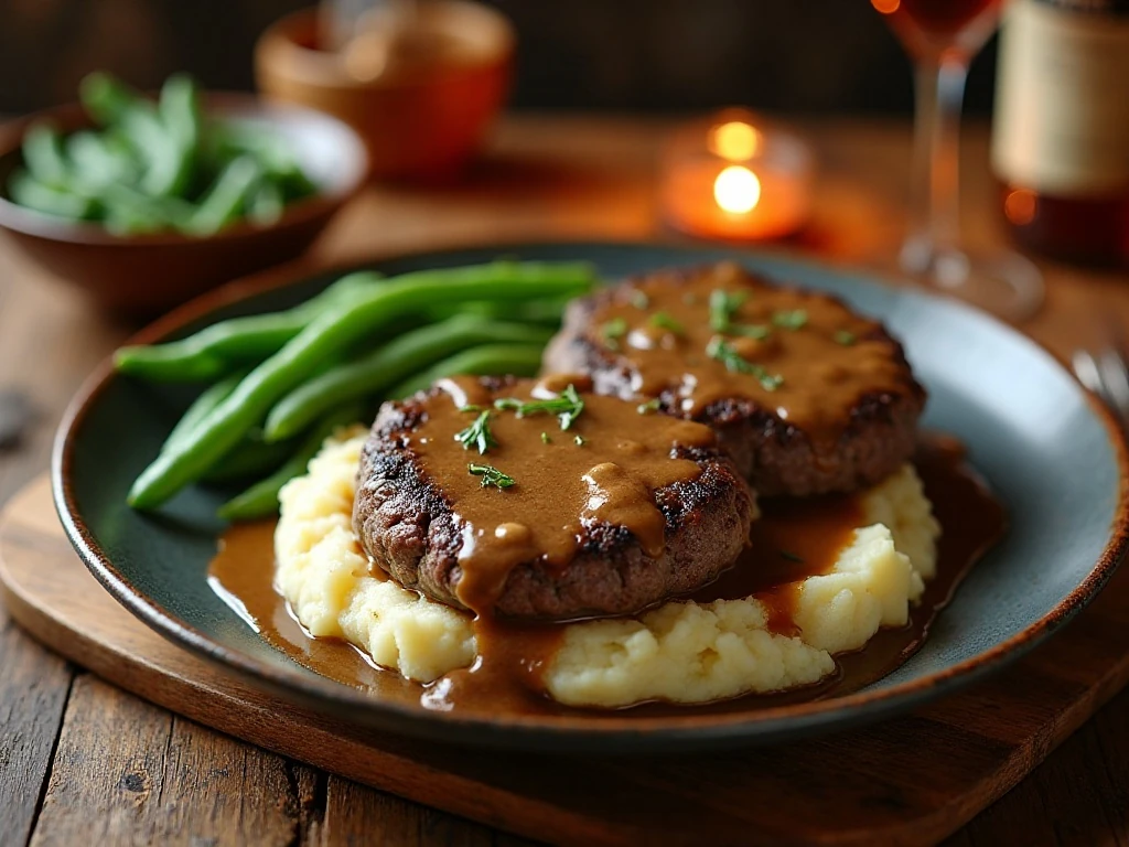 Hamburger steaks with mushroom gravy served with mashed potatoes and green beans