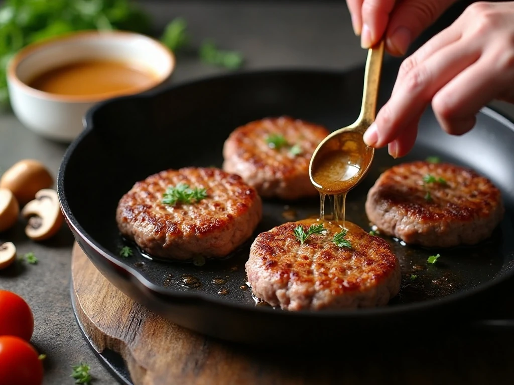 Hamburger steak patties browning in a skillet before gravy is added