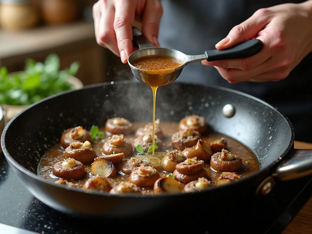 Browned mushrooms being prepared for hamburger steak gravy