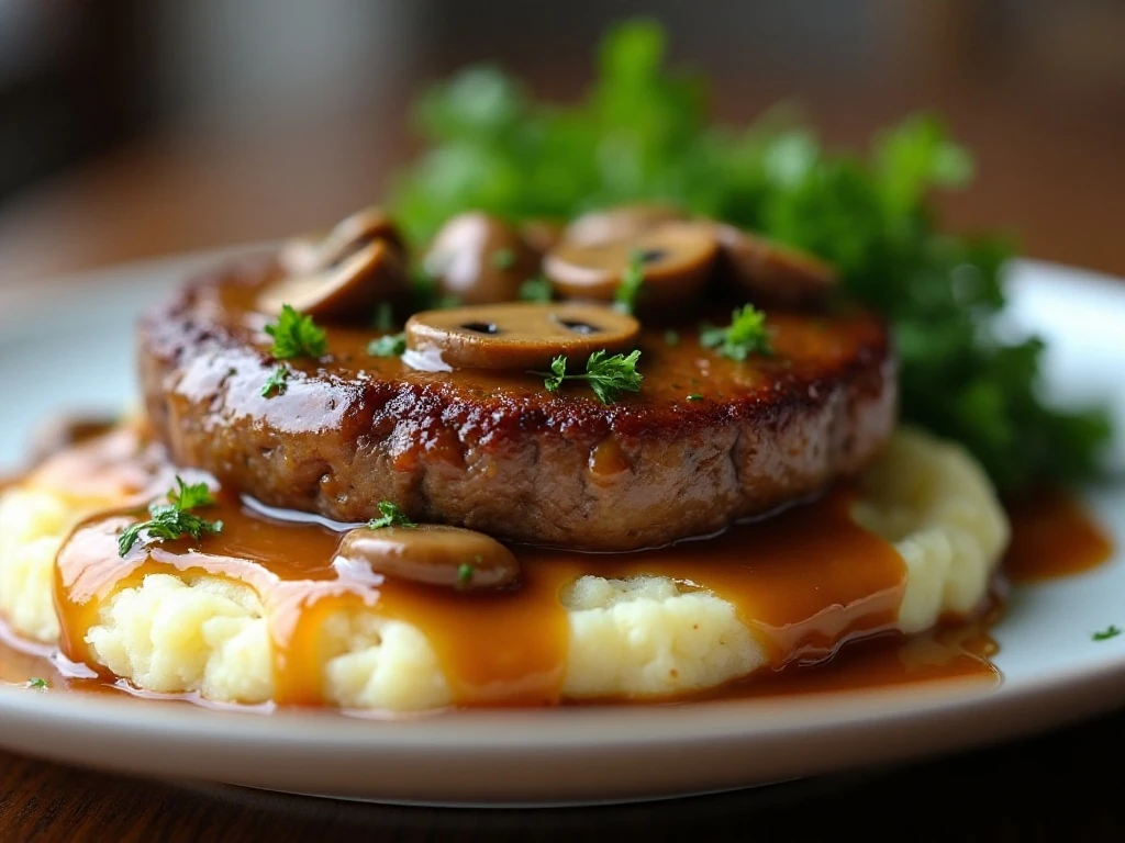 Close-up hamburger steak with mushroom gravy over mashed potatoes