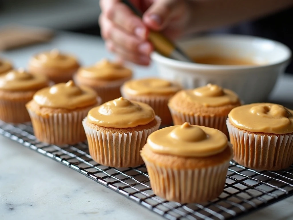 Cooling cupcakes and preparing butterscotch ganache for filling