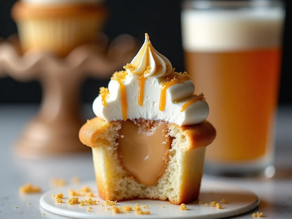 Butterbeer cupcake showing its butterscotch ganache filling