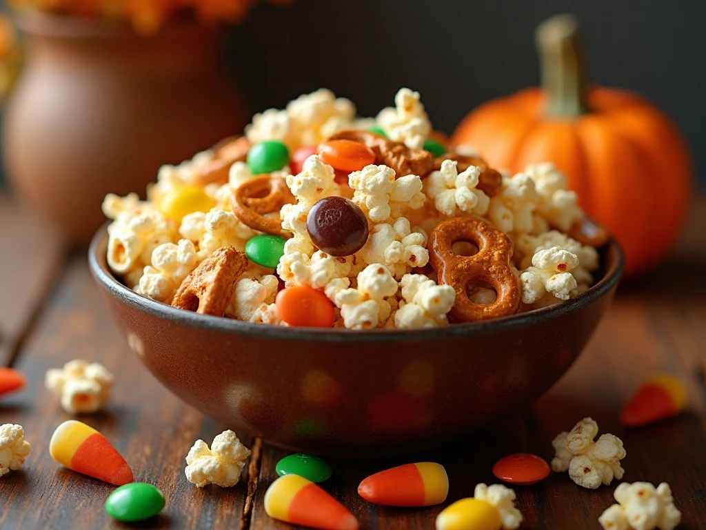 Colorful harvest popcorn snack mix served in a bowl
