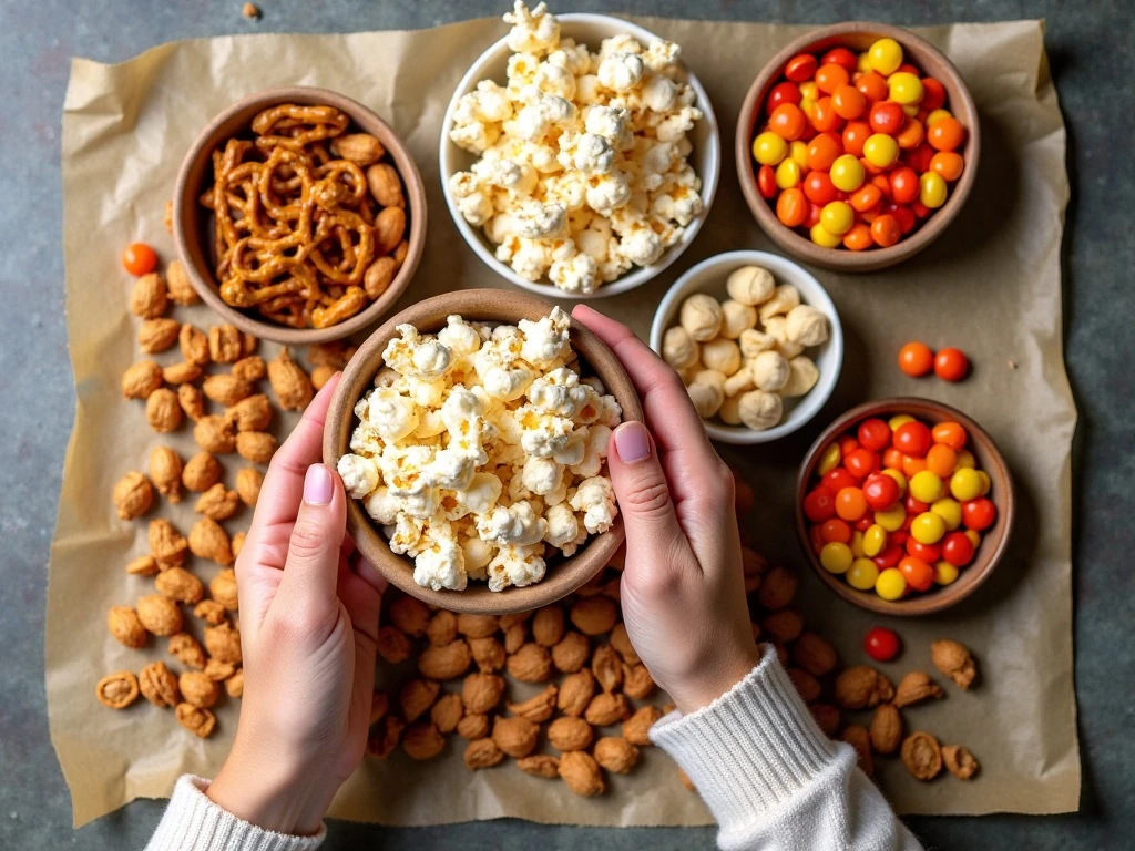Ingredients for homemade harvest popcorn snack mix
