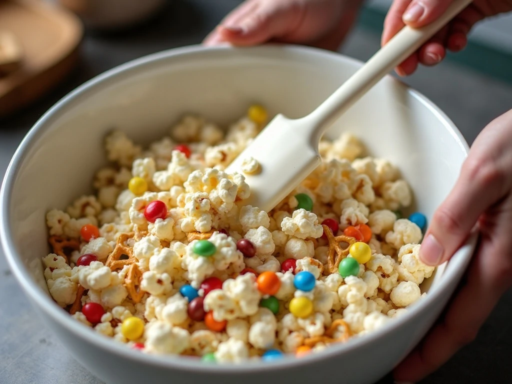 Mixing white chocolate coating into harvest popcorn snack mix