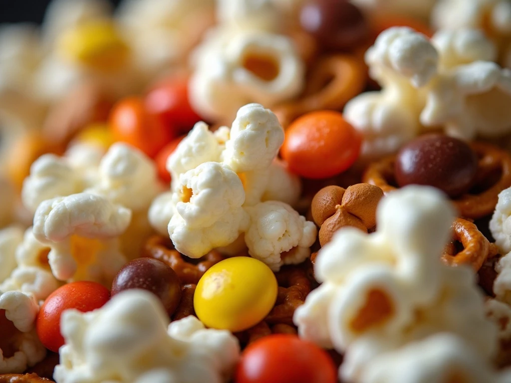 Close-up of white chocolate coated harvest snack mix