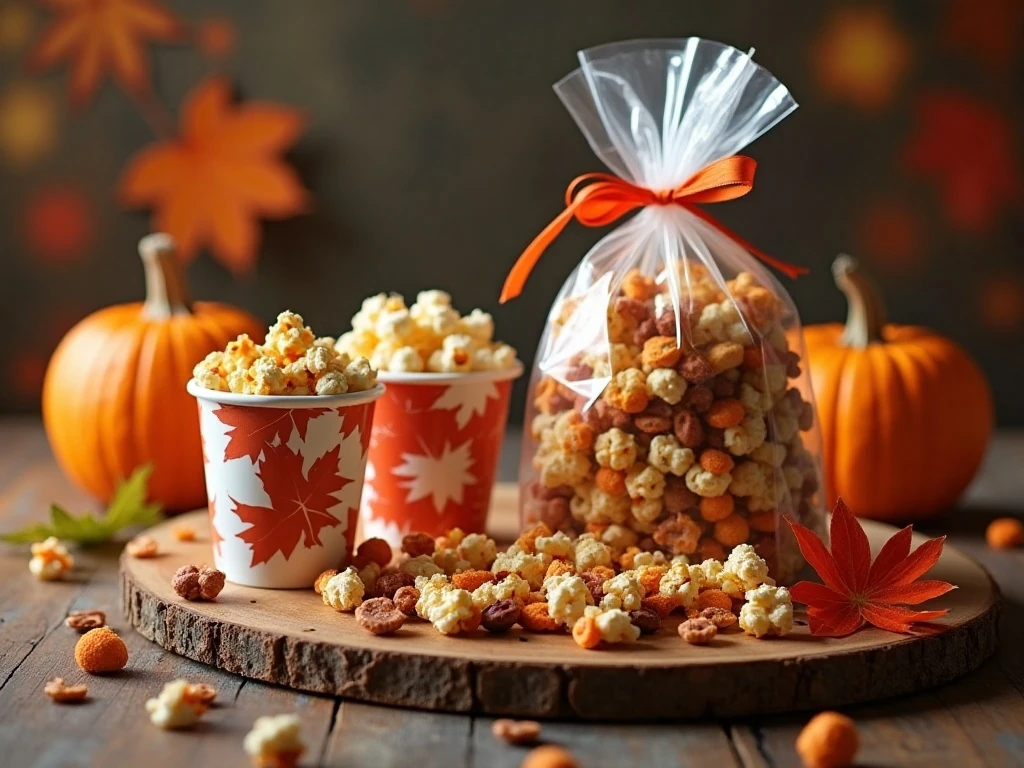 Harvest popcorn snack mix portioned for serving and gifting
