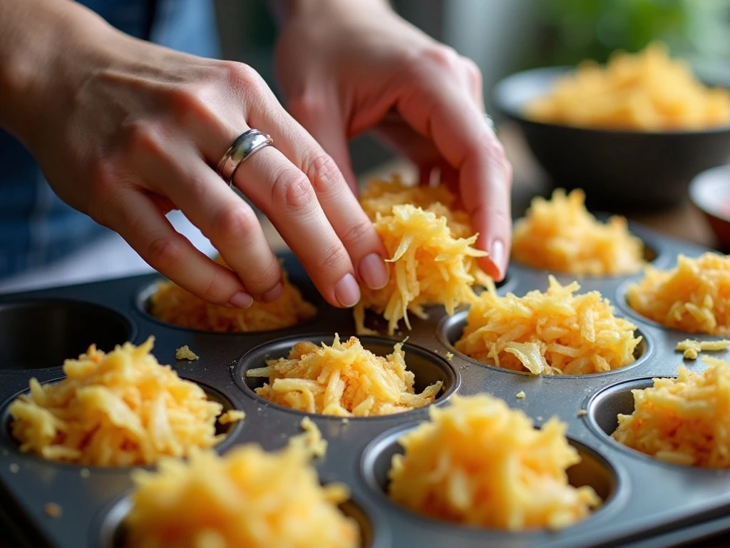 Pressing hash brown mixture into muffin tin cups