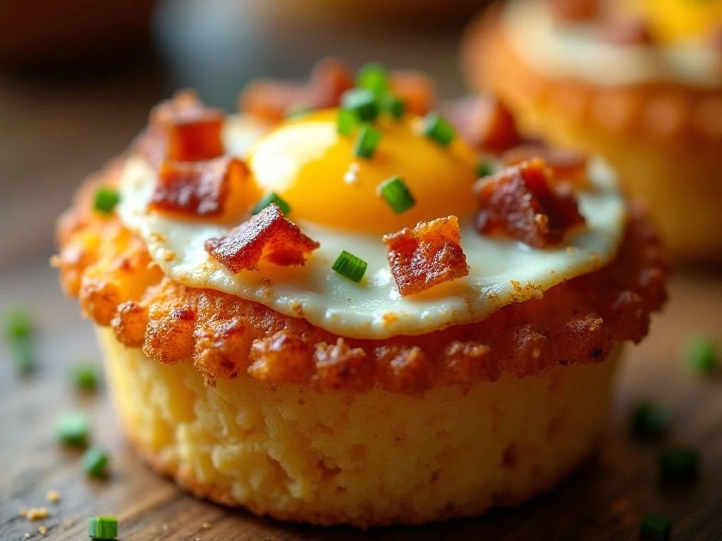 Hash brown breakfast cup garnished with chives and bacon