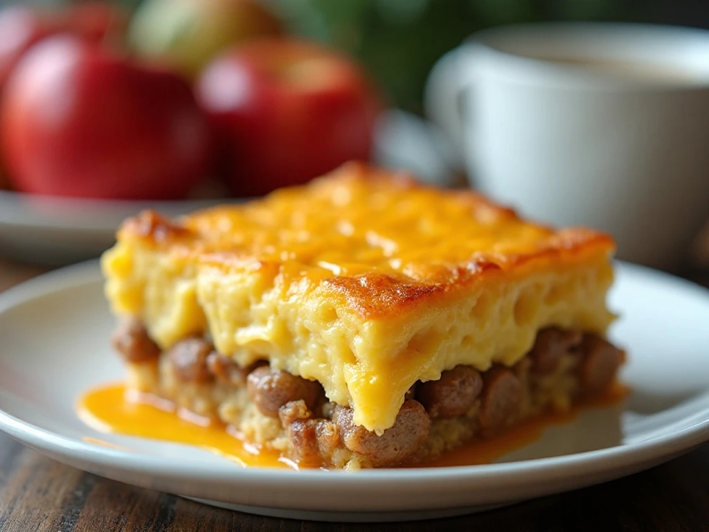 Slice of golden hashbrown breakfast casserole served with fruit and coffee