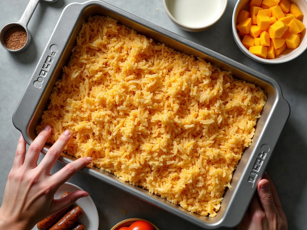 Ingredients for easy hashbrown breakfast casserole arranged on a counter