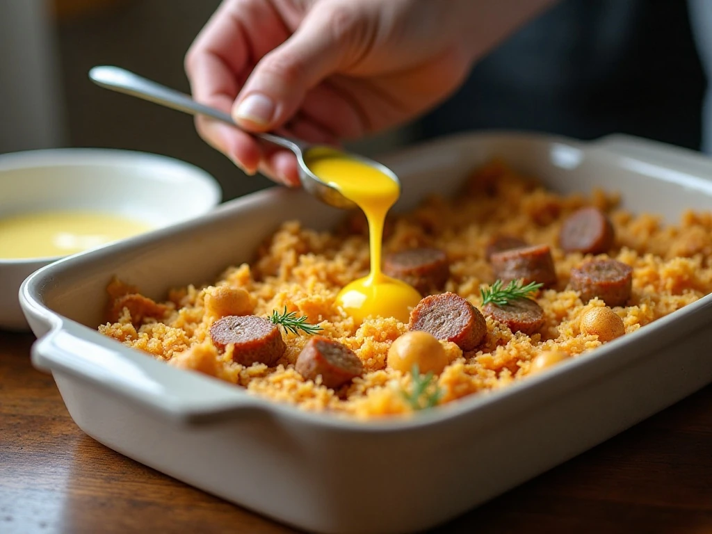 Layering sausage and hash browns for breakfast casserole