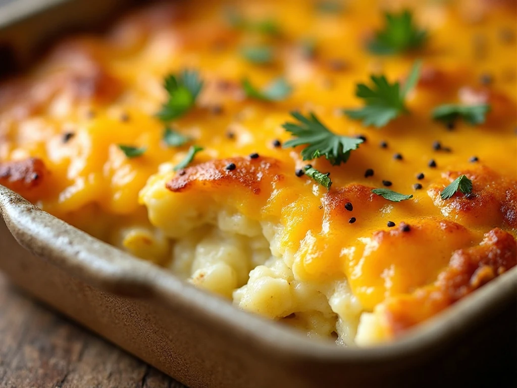 Golden cheesy top and crisp edges of hashbrown breakfast casserole
