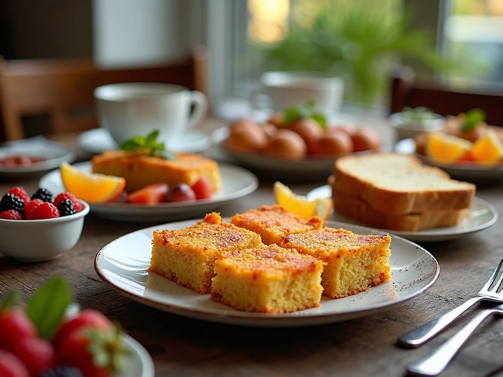 Hashbrown breakfast casserole served with fruit, toast, and coffee