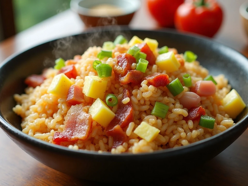 Colorful Hawaiian fried rice with bacon, ham, pineapple, egg, and green onions