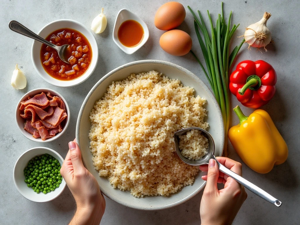 Ingredients for Hawaiian fried rice arranged for cooking