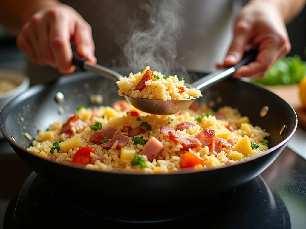 Hawaiian fried rice being stir-fried in a large skillet