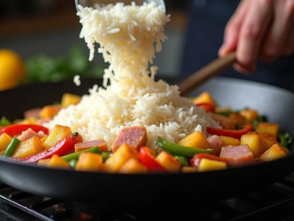 Cold rice and caramelized pineapple being combined for fried rice