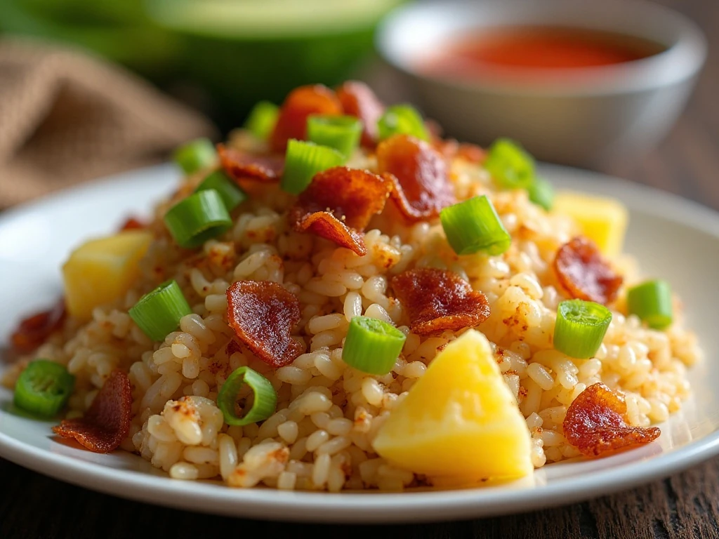 Hawaiian fried rice topped with green onions and pineapple