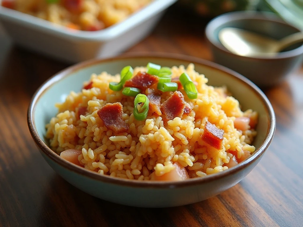 Stored and reheated Hawaiian fried rice ready to serve
