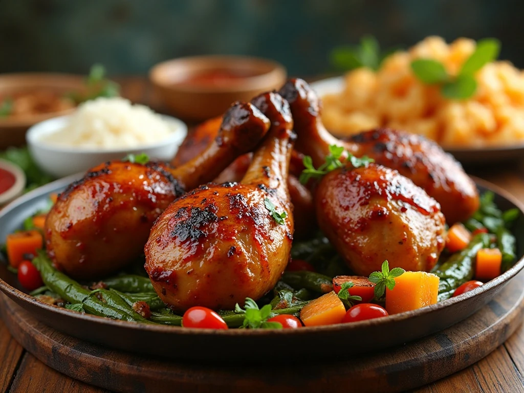 Platter of glossy grilled Hawaiian Huli Huli chicken with rice
