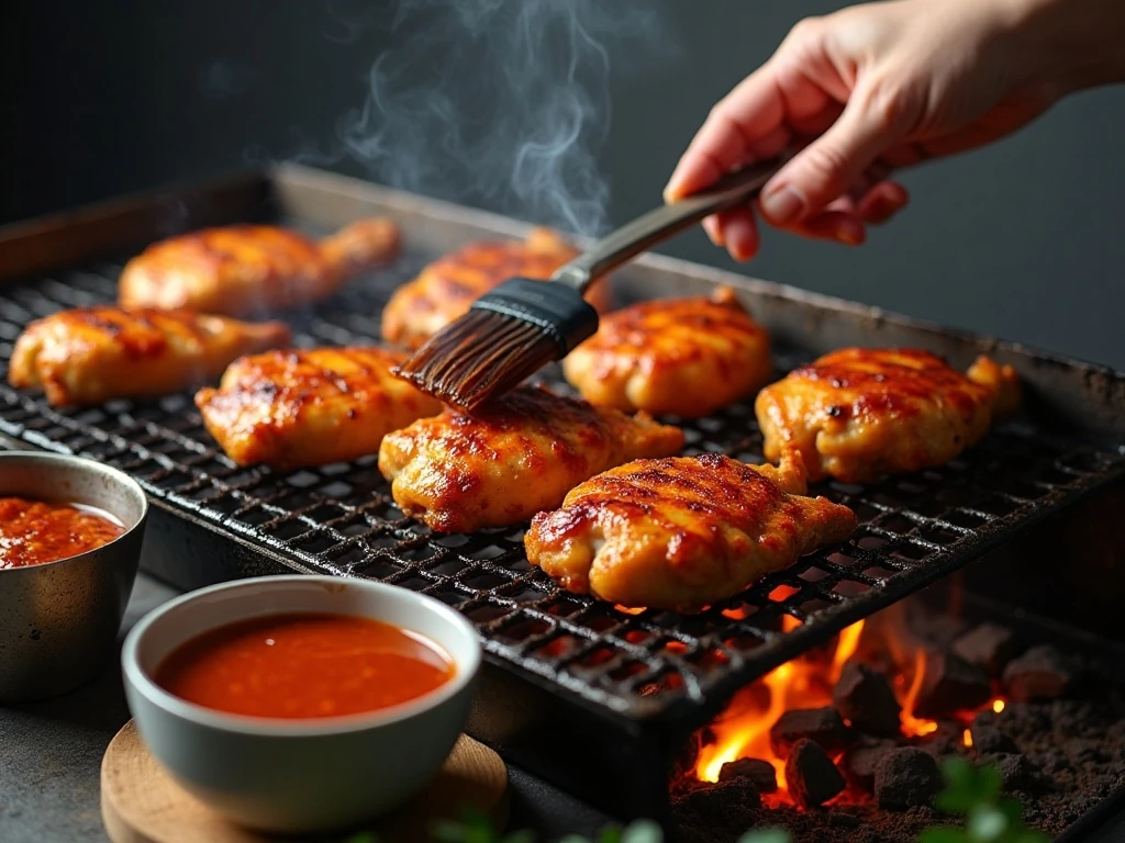 Chicken being turned and basted on the grill for Huli Huli chicken