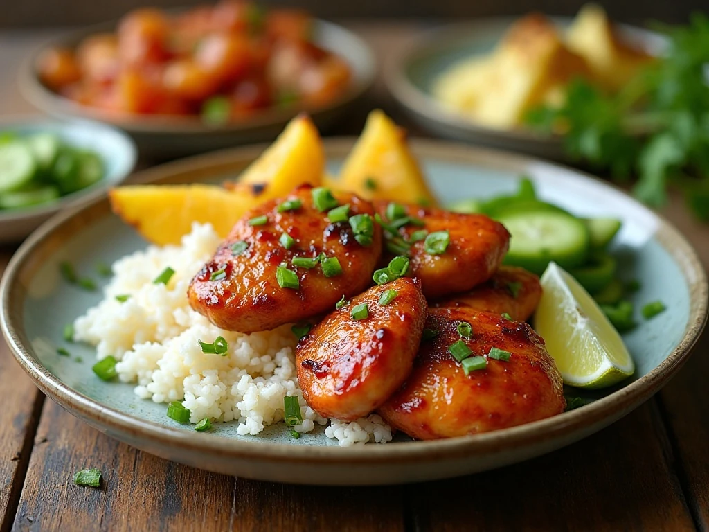 Huli Huli chicken dinner served with rice, pineapple, and fresh sides