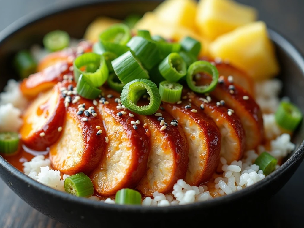 Leftover Huli Huli chicken rice bowl with green onions and sesame seeds