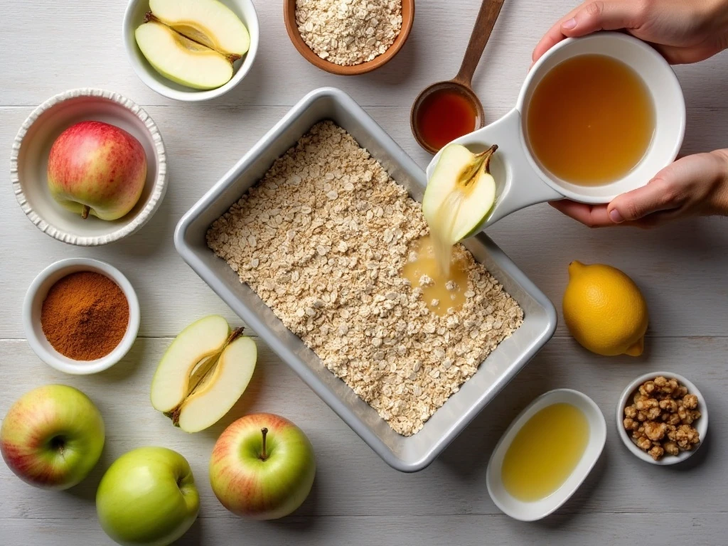 Ingredients for healthy apple crisp arranged on a counter