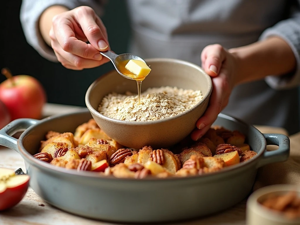 Preparing the oat topping for a healthy apple crisp