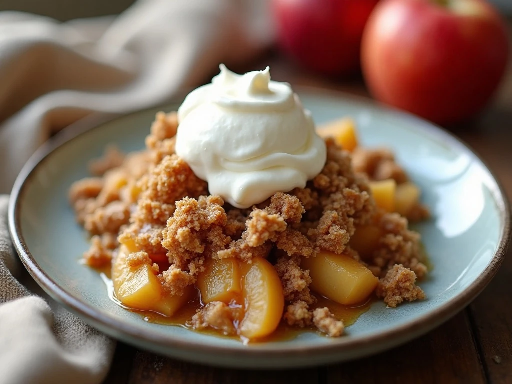 Healthy apple crisp served warm with yogurt