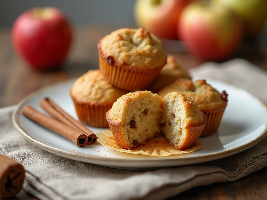 Healthy apple muffins arranged for breakfast with fresh apples and cinnamon