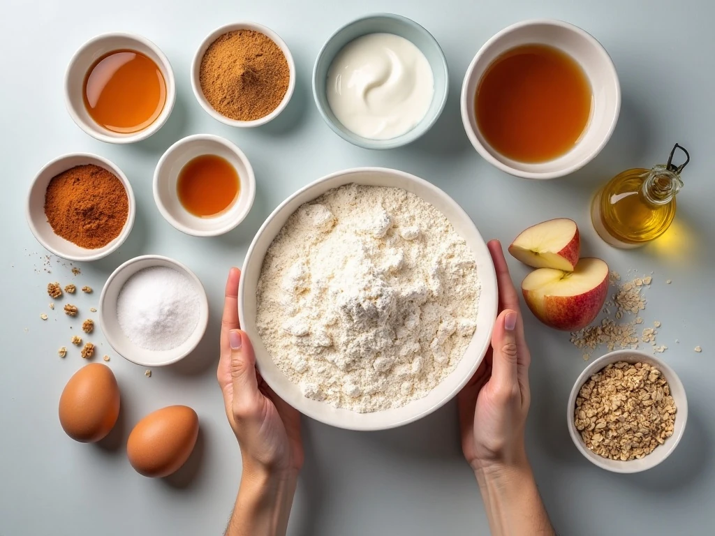Ingredients for healthy apple muffins arranged in a kitchen flat lay