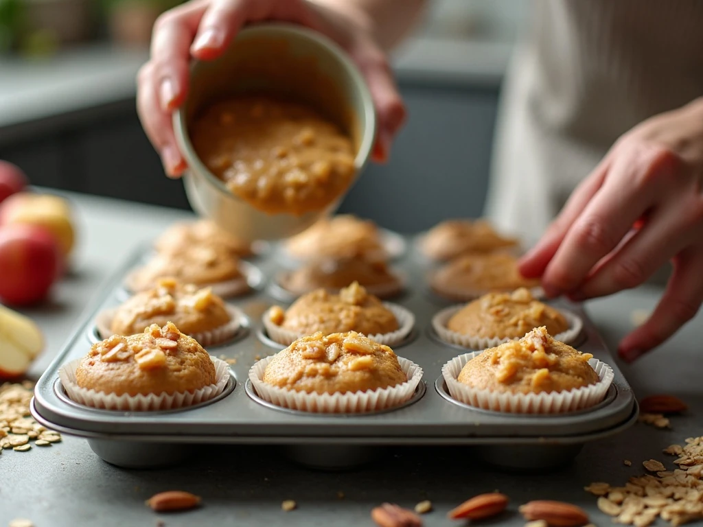 Apple muffin batter being divided into a prepared muffin tin