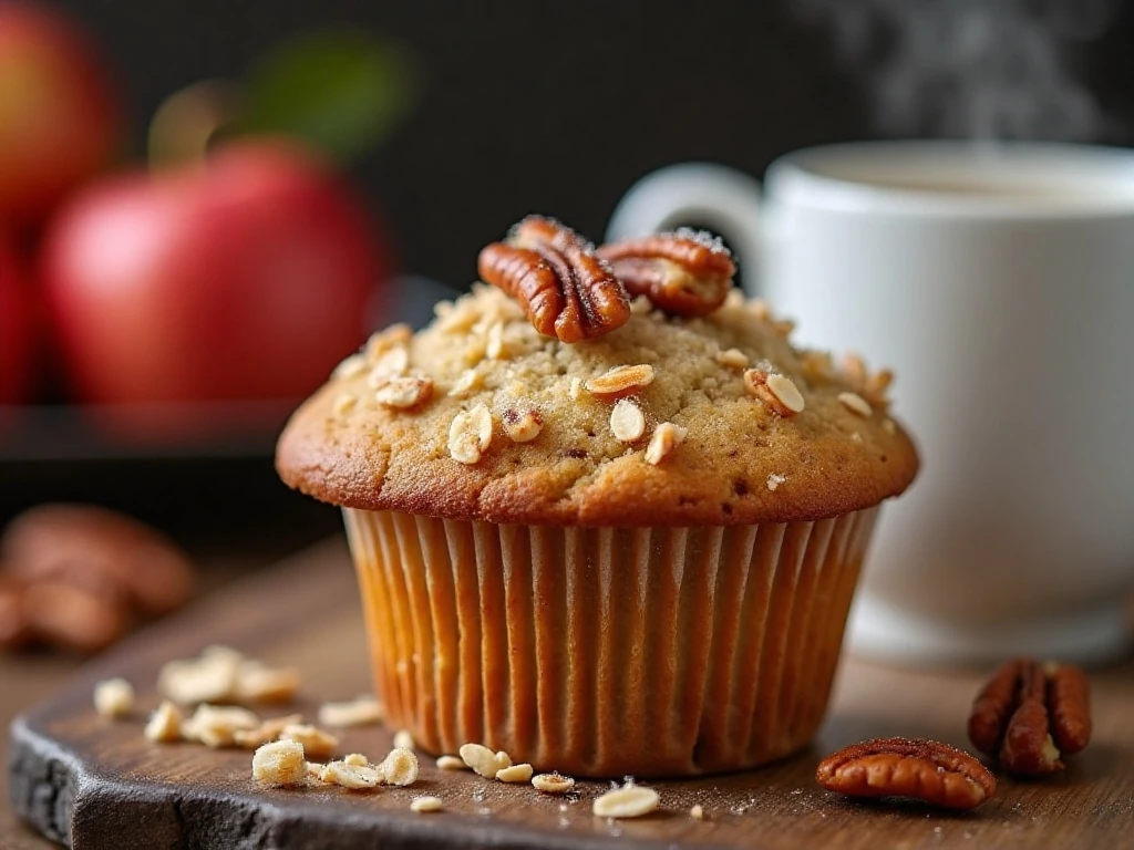 Close-up healthy apple muffin with oat, nut, and sugar topping
