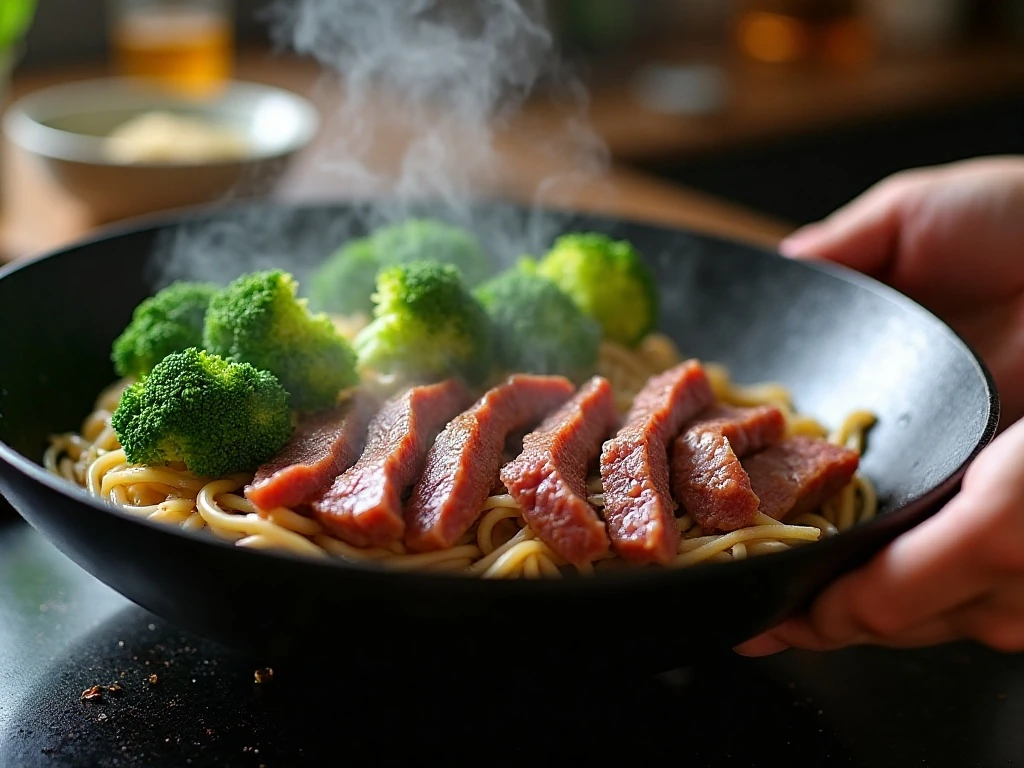 Beef and broccoli cooking in a hot skillet