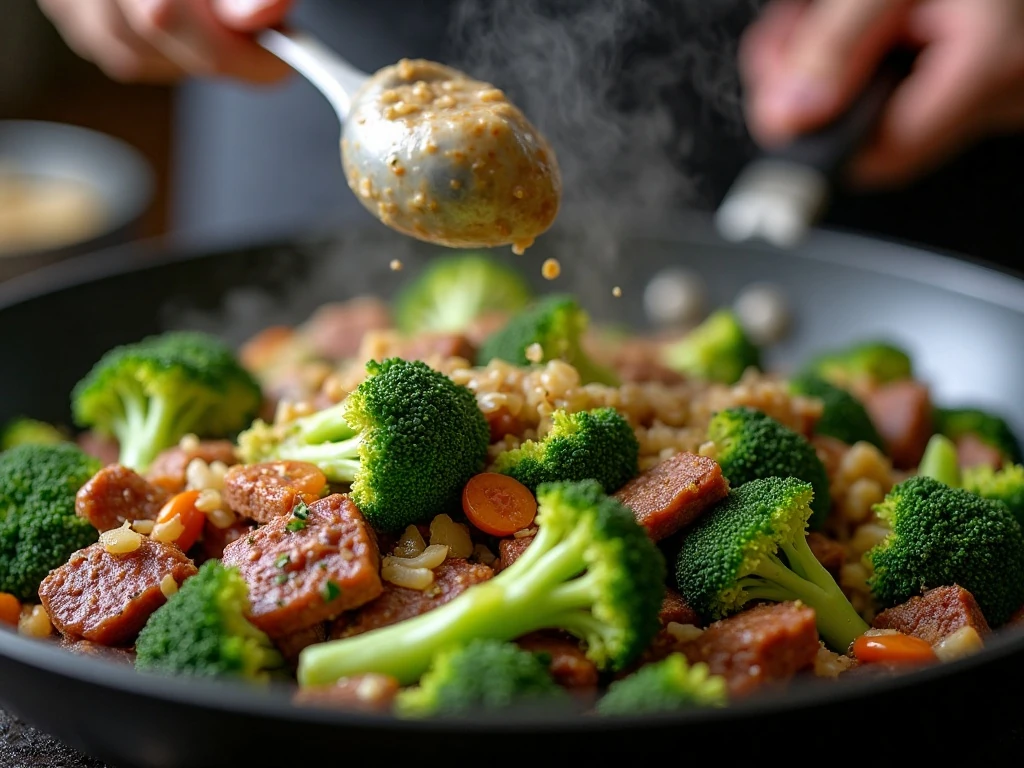 Crisp-tender broccoli and browned beef coated in sauce