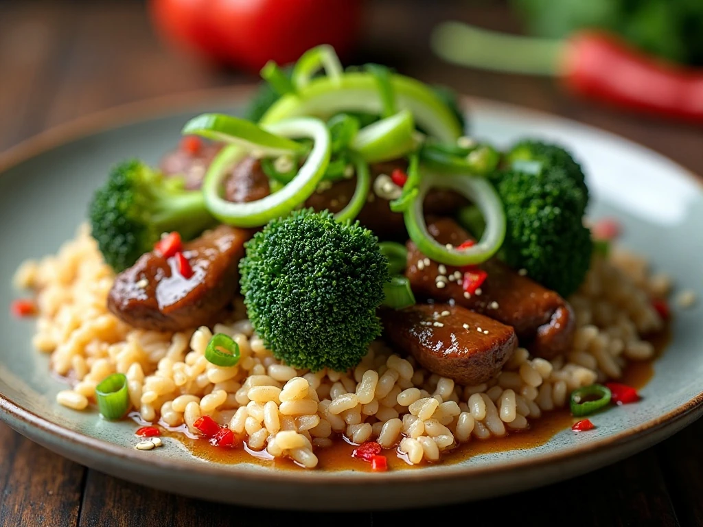 Beef broccoli rice bowl with scallions and sesame seeds