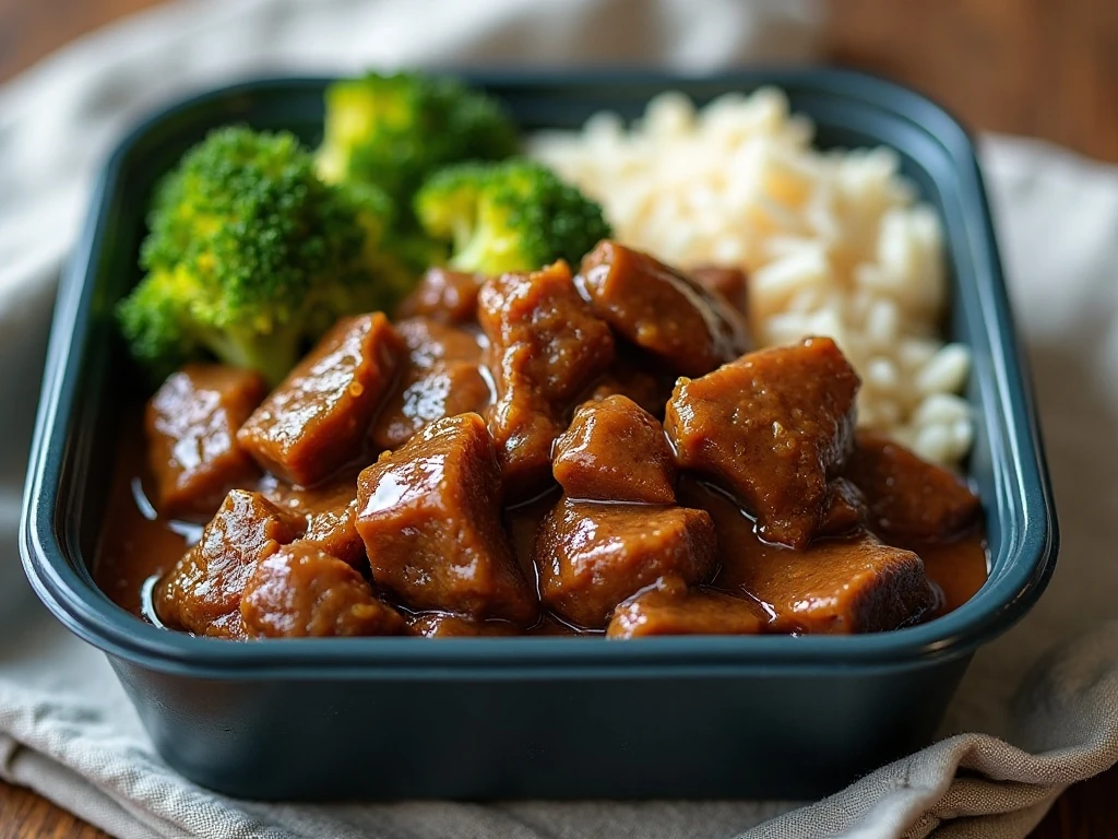 Stored beef and broccoli with rice for meal prep