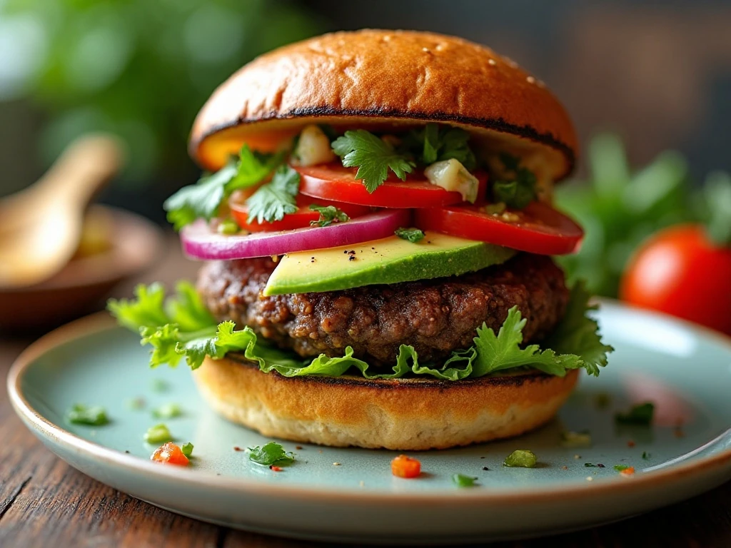 Healthy black bean burger with fresh toppings on a toasted bun