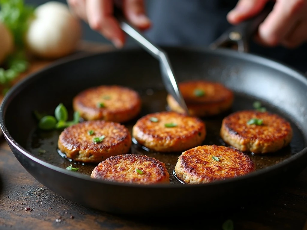 Black bean burger patties browning in a skillet