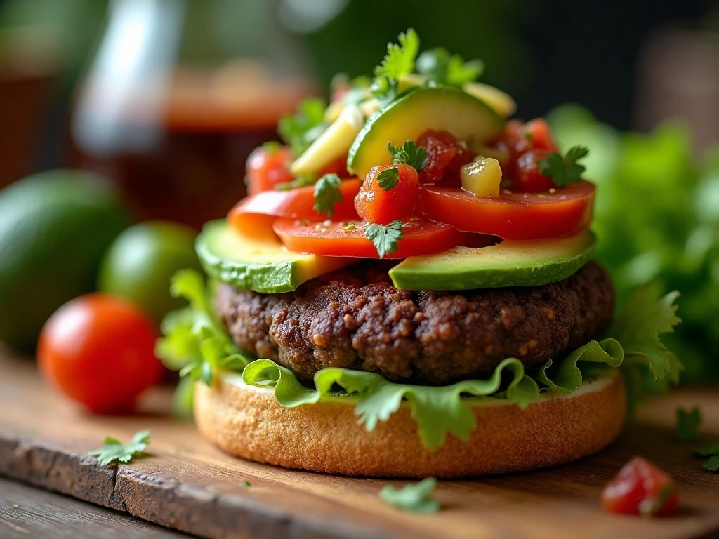 Black bean burger topped with avocado, salsa, and fresh vegetables